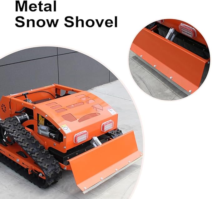 Gasoline Powered Remote Control Lawn Mowerwith Snow Plow, 9HP Crawler Mower with 600m Range for Steep Hills and Orchards (Orange/Snow Shovel)