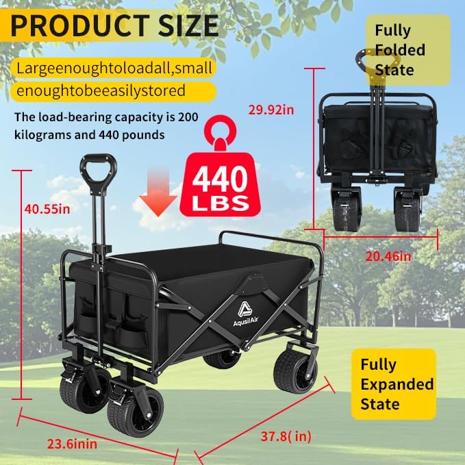 Collapsible Wagon with Wheels, 440 lbs Wagons Carts Foldable Wagon Cart with Flexible Handle, Lightweight Portable Folding Utility Grocery Shopping Cart for Grocery Sports Garden Camping
