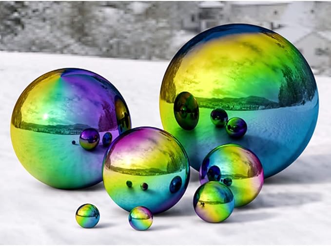 8 inch Diameter Gazing Ball,Rainbow Stainless Steel Polished Reflective Smooth Garden Sphere Globe Mirror,Colorful and Shiny Addition to Any Garden or Home