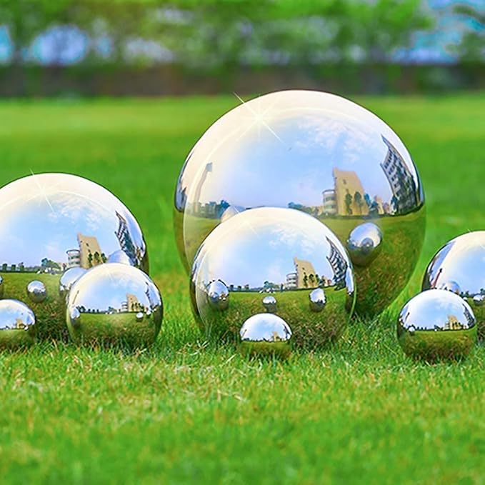 Nerien 8 Inch Gazing Ball, Stainless Steel Garden Mirror Globe, Polished Ornament Sphere, Hollow Floating Reflective Hemisphere, for Home Outdoor Pond Housewarming Swimming Pool Decoration, Silver