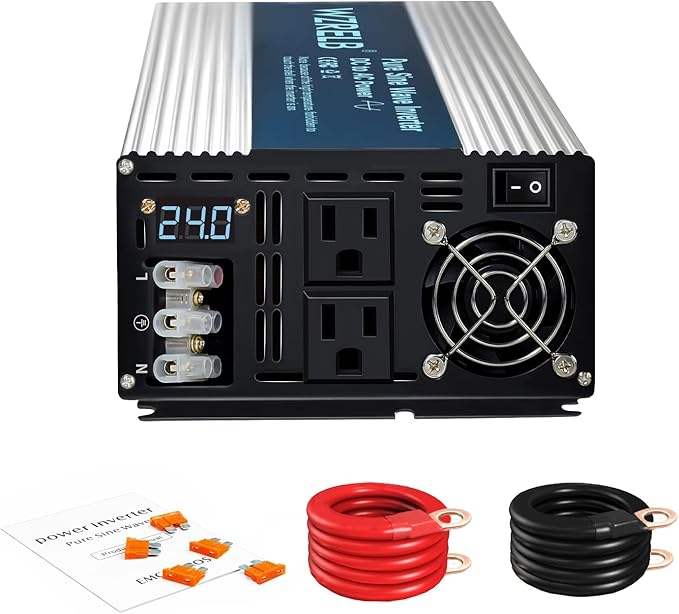 WZRELB 3500W Pure Sine Wave Inverter 24V DC to 110V 120V AC Power Converter with LED Display, Hardwire Terminal,Off-Grid Portable Power Inverter with Dual AC Outlets for Home, RV, Truck, Camping
