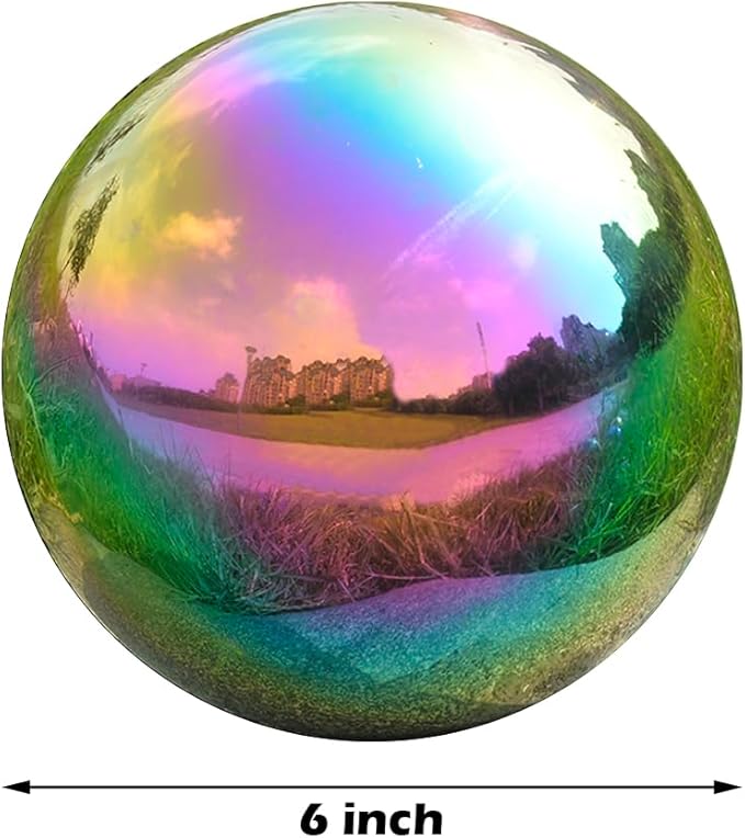 Nerien 6 Inch Gazing Ball, Stainless Steel Garden Mirror Globe, Polished Ornament Sphere, Hollow Floating Reflective Hemisphere, Home Outdoor Pond Housewarming Swimming Pool Decoration Gift, Rainbow