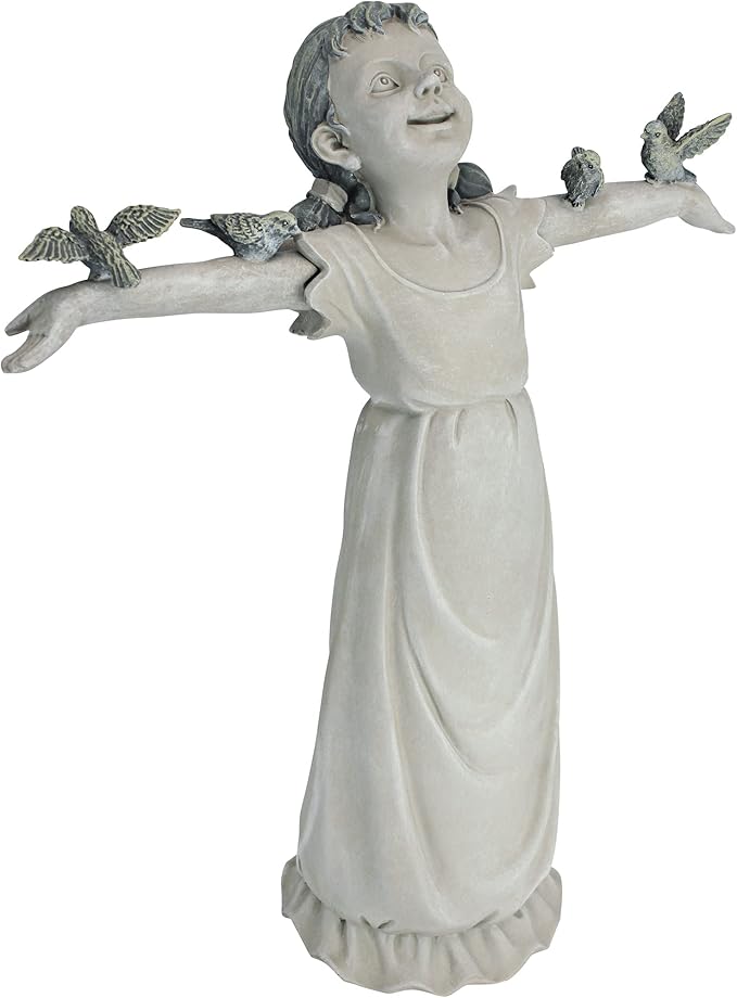 Design Toscano Basking in Glory Little Girl with Birds Outdoor Garden Statue, Medium, 16 inches tall, Cast Stone Resin, Two Tone Stone Finish