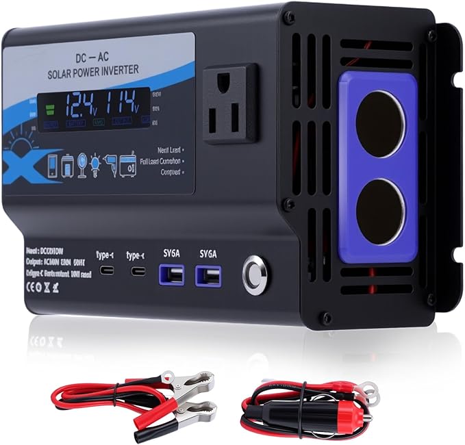 600W Car Power Inverter, 12V/24V Car Plug Adapter Outlet Converter with Dual Type C, Dual USB Dual, Dual Cigar Lighter, Single AC Outlet for Cars Trucks US Plug (Black)