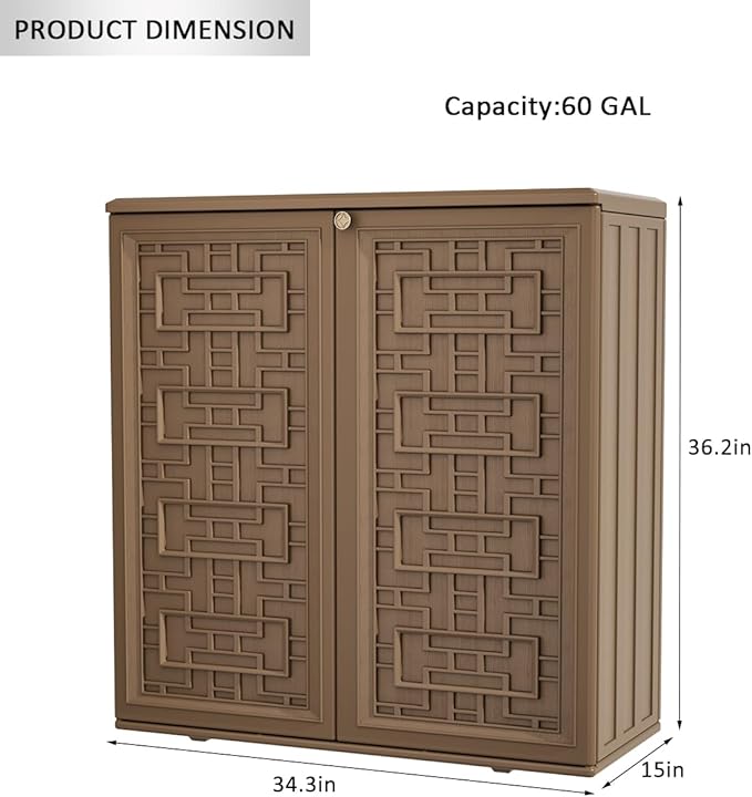 KINYING Outdoor Storage Cabinet Waterproof, Resin 60 Gallon Storage Box for Patio Furniture Cushions, Garden Tools, Pool Accessories (Dark Brown with 1 Shelving)