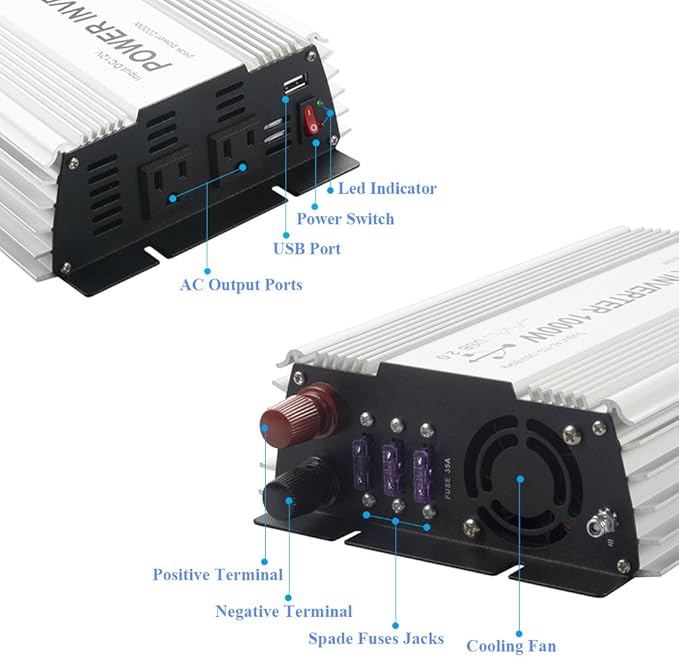 1000W Power Inverter, Dual AC Outlets, DC 12V to 110V AC Car Converter with USB Charging Port for Smartphone, Laptop, Tablet.