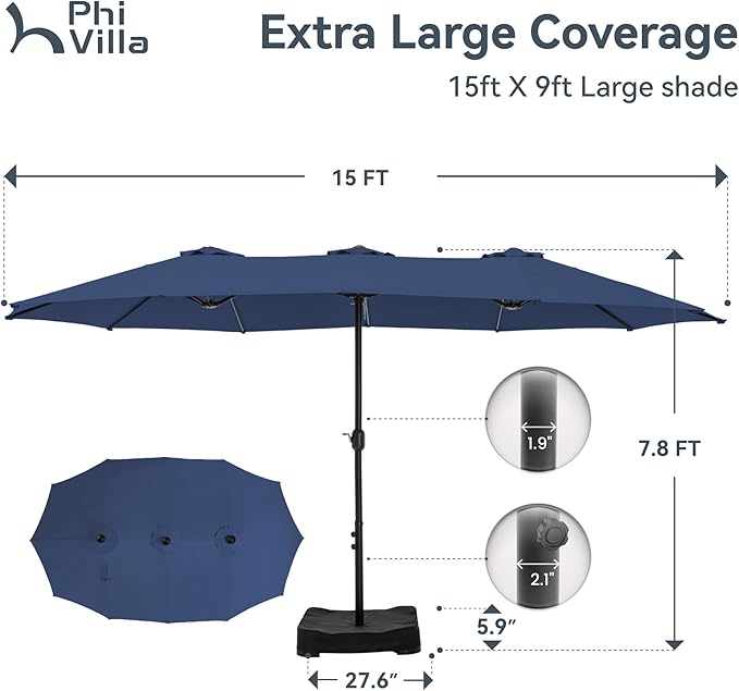 PHI VILLA 15ft Large Patio Umbrellas with Base Included, Outdoor Double-Sided Rectangle Market Umbrella with Crank Handle, for Pool Lawn Garden, Blue