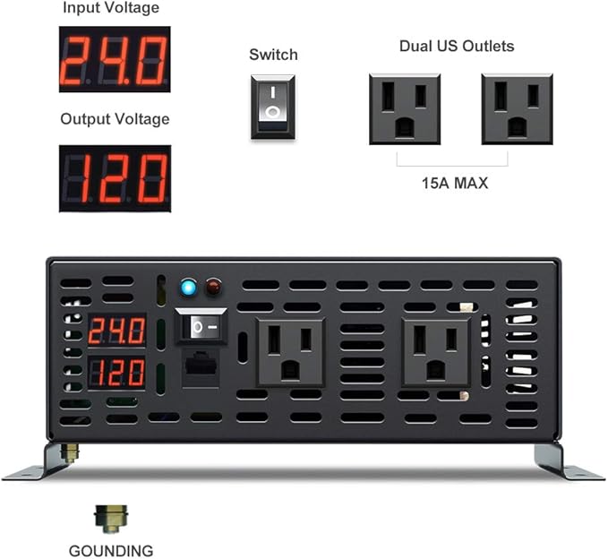 WZRELB 1000W 24VDC 120VAC Pure Sine Wave Power Inverter with 2 AC Outlets Wired Remote Control Car Inverter (RBP-100024WR)