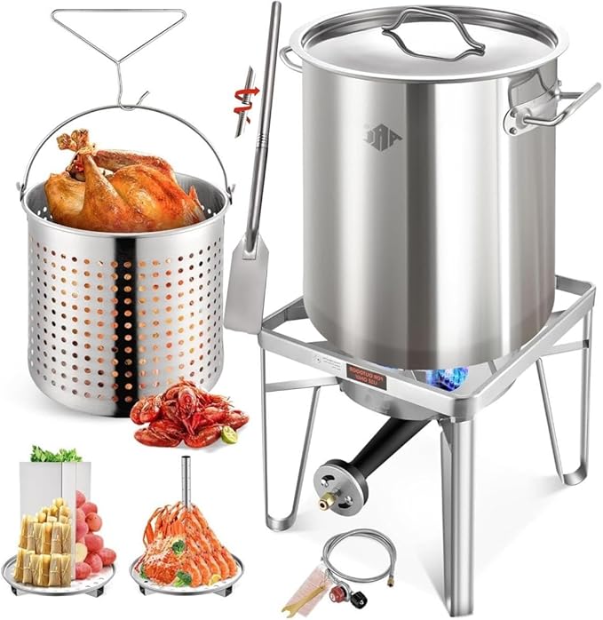 ARC 52QT Stainless Steel Turkey Fryer Pot with 36" Mixing Paddle, Propane Burners Kit, Tamale Steamer Pot with Basket, Steamer Rack, for Outdoor Cooking, Seafood Boil, Crawfish Boil, Home Brewing