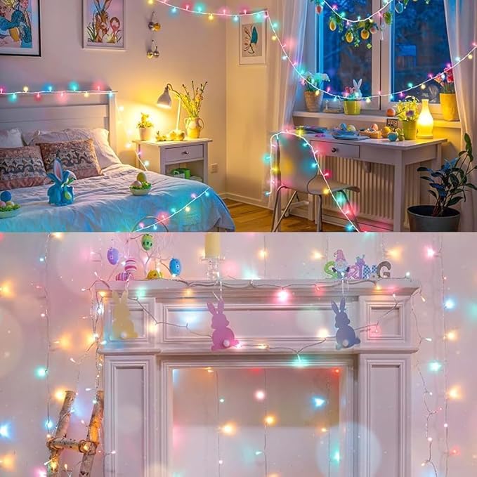 Colorful String Lights, 66 ft 200 LED Pastel Easter Lights 11 Modes Plug in,transparant Wire Twinkle Fairy Lights for Spring Bedroom(Lighted up in Pink Red Yellow Blue Green Color)