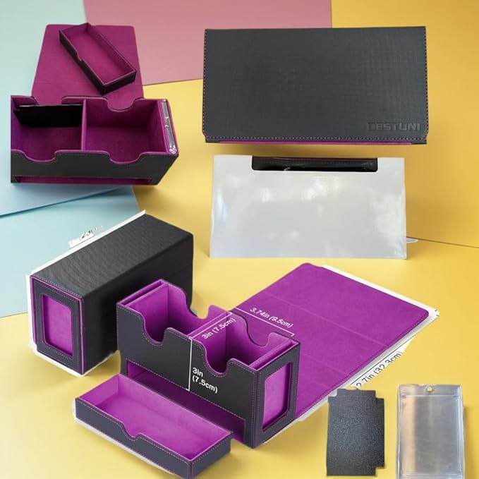 Card Deck Box for mtg – Fits 100+ Double-Sleeved Cards, Dual Commander Display with Dice Tray, PU Leather Organizer for TCG, CCG, Sports Cards (Black&Purple)