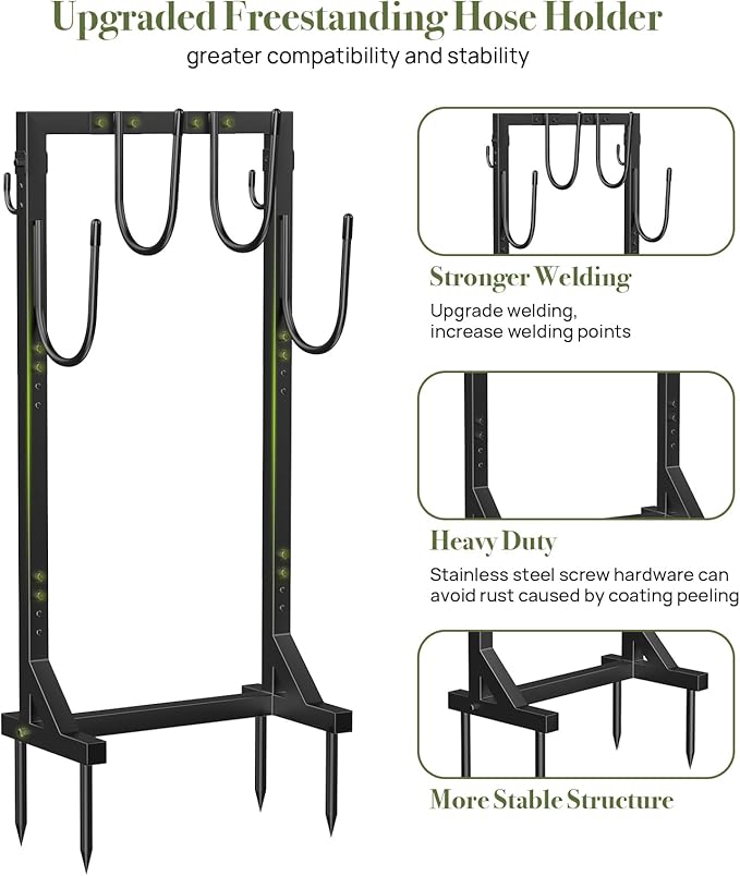 Garden Hose Holder Water Hose Holder with 4 Spikes, Freestanding Hose Hanger Outdoor Hold Stand Heavy Duty 6 Hooks Metal Garden Hose Storage Hose Reel Rack for Outside (Black)