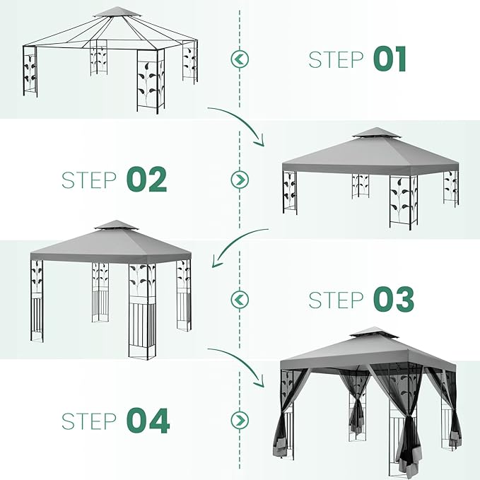 COBIZI Gazebo 10x13 Heavy Duty Gazebos with Improved Nettings Outdoor Gazebo Double Roof Patio Gazebos with Metal Steel Frame Outdoor Canopy for Patio,Garden, Backyard (Gray)