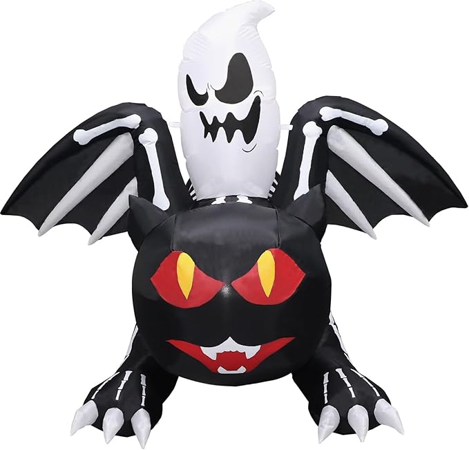 Haunted Hill Farm 5-Ft Tall Black Cat Bat Blow Up Inflatable with Red Eyes, Ghost, and Lights, Outdoor Halloween Inflatable Decoration for Lawn and Yard, Giant Spooky Holiday Decor