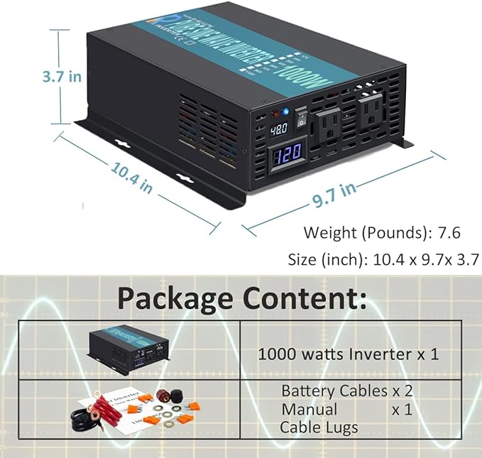 WZRELB 1000W 48V 120V Pure Sine Wave Power Inverter with 2 AC Outlets,Car Inverter