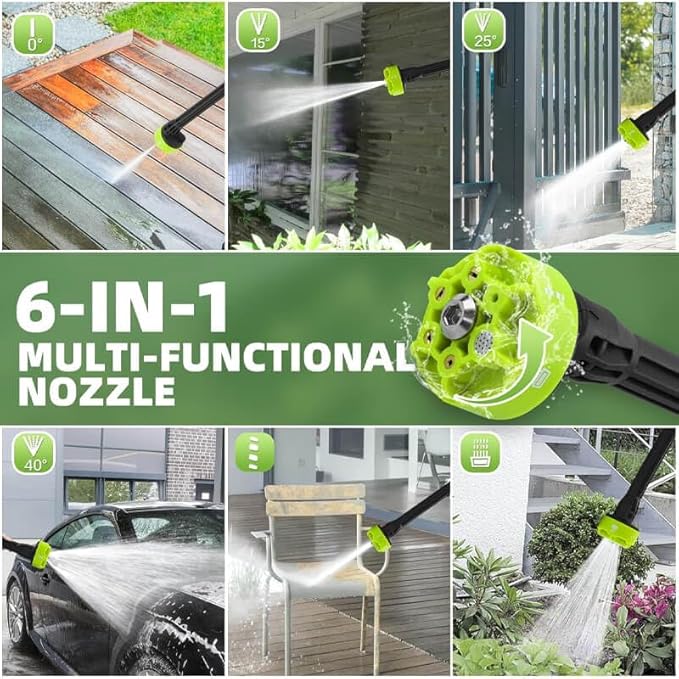 1200PSI Cordless Electric Pressure Washer Pro (21V 2000mAh 2 Batteries), 16.4FT Drain Hose, 6-in-1 Nozzle, Pressure Washer Gun for Cars Fences Driveways Patios Home Cleaning