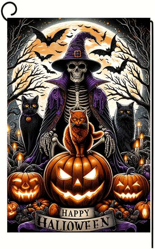 Halloween Garden Flag - Double Sided 12x18 with Ghost, Skull, Wizard, Skeleton Cats, Pumpkins, Bats - Spooky Outdoor Scary Yard Decor