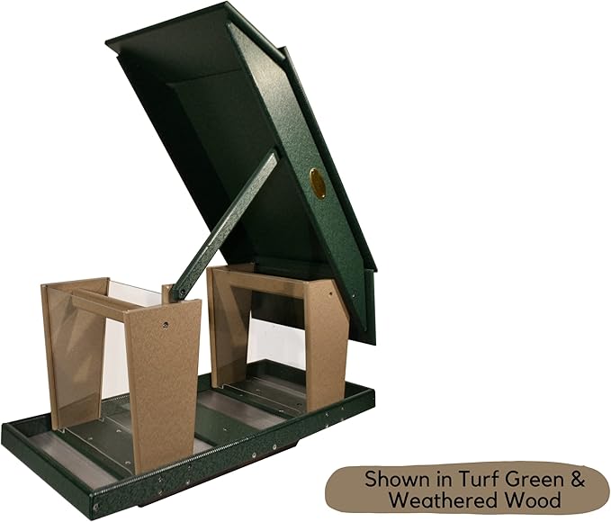 DutchCrafters Poly Post Mount Extra Large Double Hopper Bird Feeder, Outdoor Wild Bird Feeder for Outside, USA Amish Made (Turf Green & Cedar)
