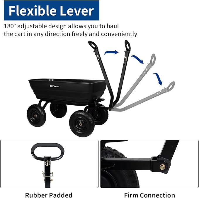 BILT HARD 1200 lbs 7 Cu Ft Poly Garden Dump Cart with 2-in-1 Convertible Handle, No Flat Tires, Quick Release, Dump Wagon Heavy Duty for Yard, Outdoor