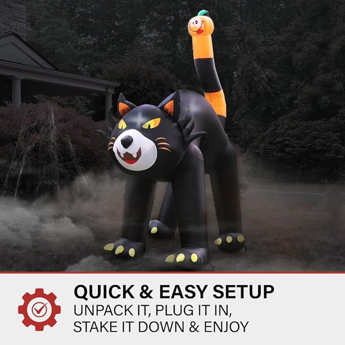 Haunted Hill Farm 10-Ft Tall Black Cat Blow Up Inflatable with Lights, Outdoor Halloween Inflatable Decoration for Lawn and Yard, Giant Spooky Holiday Decor