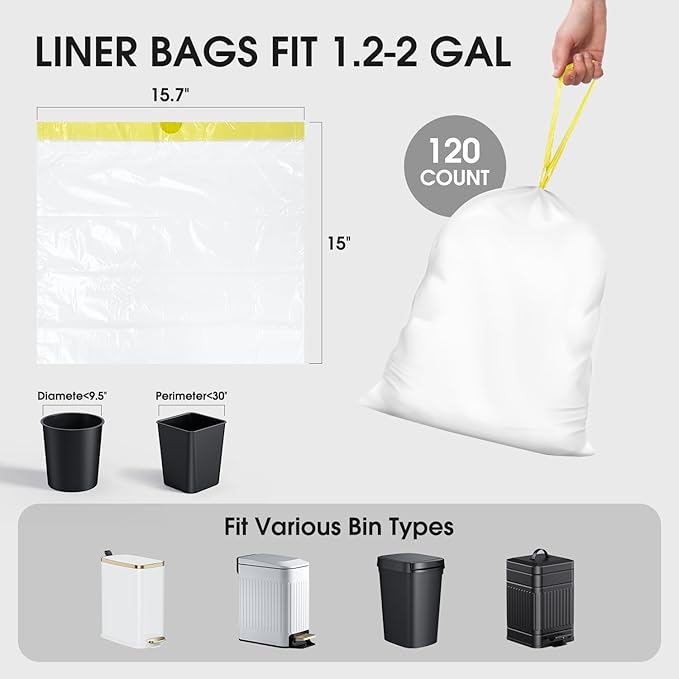 CEROELDA 1.6 Gallon Small Trash Bags, 120 Count Mini Drawstring Garbage Bags Unscented fit 4.5-8 Liter, 1.2-2 Gallon Thick Plastic Wastebasket Liners for Bathroom Bedroom Office Toilet