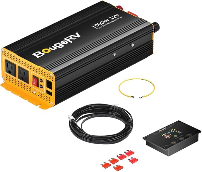 BougeRV 1000W Pure Sine Wave Inverter Convert 12V DC to 120V/110V AC, Fully 1000W Output, Built-in BT for BougeRV APP, Wired Remote Controller, Off-Grid Solar System, RV, Backup Power