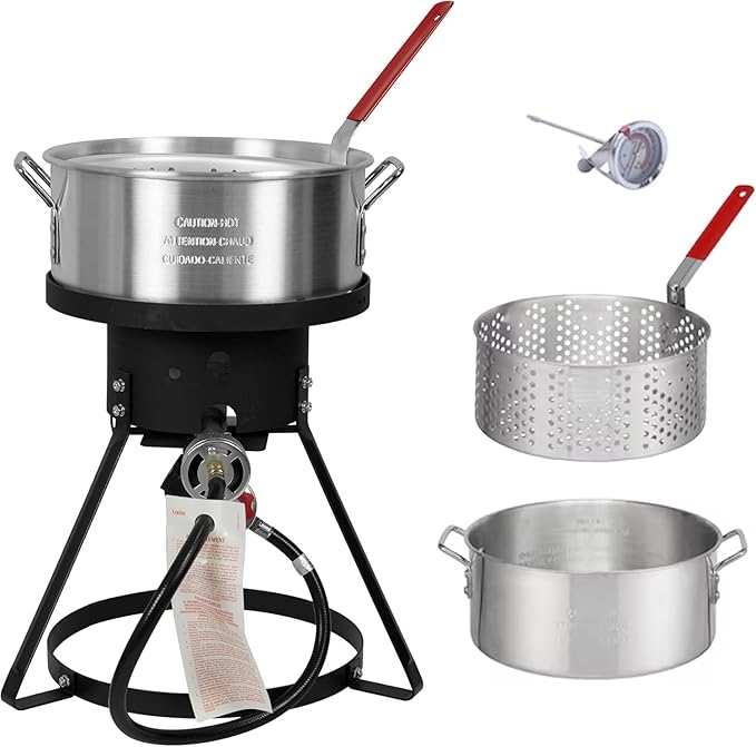Red Mountain Valley 10.5 Qt Outdoor Propane Fish Fryer Pot Kit with Aluminum Strainer Basket, Thermometer for Boiling and Frying, 50,000 BTU Burner, 0-5 PSI Regulator, Full CSA Approved Fish Cooker