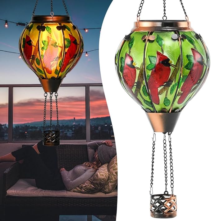 Hot Air Balloon Solar Lantern - Large Cardinal Bird Glass Lantern, Simulated Flickering & Dancing Flame, Big Outdoor Hanging Yard Light Waterproof IP65 for Patio Lawn Porch Decor Gift