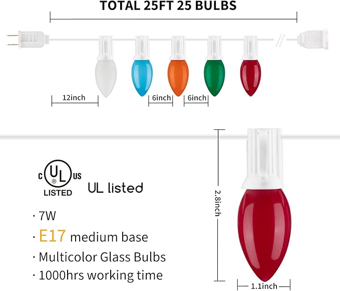 Minetom C9 String Lights Outdoor Christmas Lights 25 Feet Frosted Multi-Colored for Patio Room Christmas Tree Party Backyard Decoration White Wire