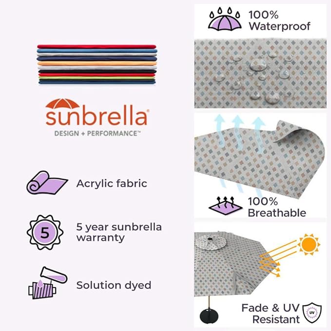Midtown Umbrellas Sunbrella Umbrella Outdoor Patio Umbrella 2-8 Feet in Infused Gem Acrylic Fabric - Auto-Tilt Aluminum Frame For Backyard Umbrella, Deck Umbrella & Porch Umbrella - Wooden Pole