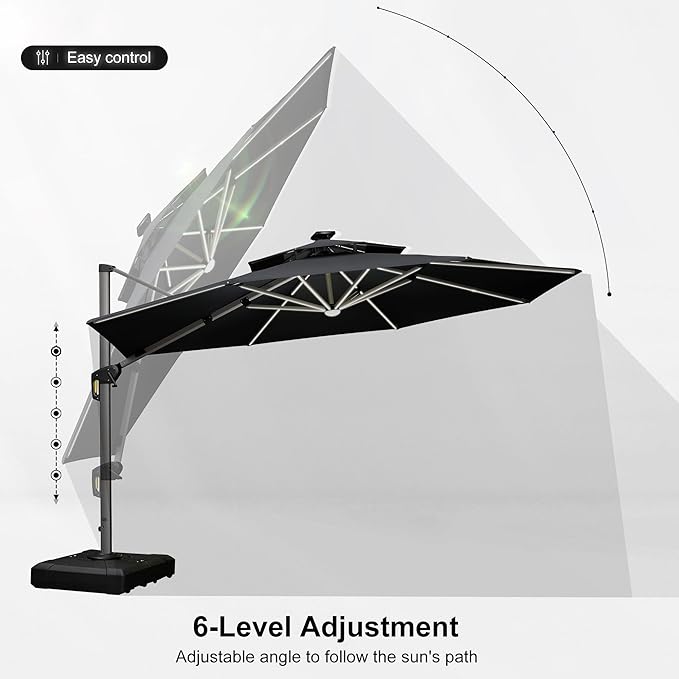 PURPLE LEAF 12ft Solar powered LED Patio Umbrella Outdoor Round Umbrella Large Cantilever Umbrellas with LED lights Windproof Offset Umbrellas Heavy Duty Sun Umbrella for Garden Deck Pool Patio, Grey