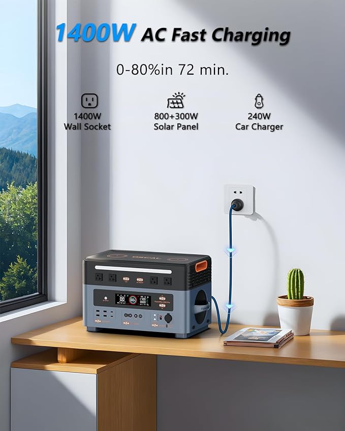OSCAL 2400W Power Station with 2 * 200W Solar Panels, 1872Wh Solar Generator with 4 AC Outlets (5000W Peak), 1.45H Full Charging, APP Control Battery Backup for Home, Camping & RVs