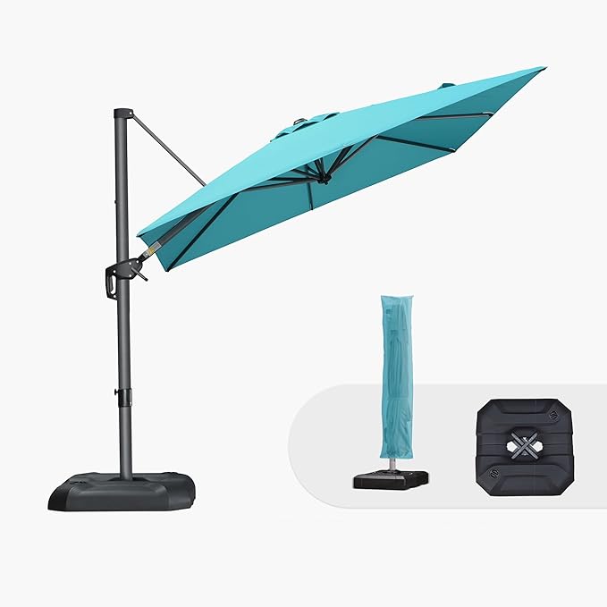PURPLE LEAF 8'×8' Patio Cantilever Umbrella with Base Included Offset Outdoor Umbrella with cover Square umbrella outdoor patios for Backyard Pool Garden Turquoise Blue