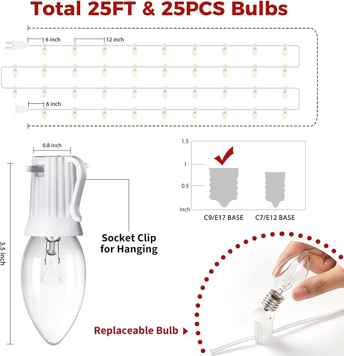 Minetom C9 Clear Christmas String Lights, 25FT 25 Blubs Bright & Warm Outdoor Christmas Lights, Long Life C9 String Lights for Tree Patio Gazebo Wreath, White Wire