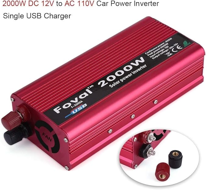 Power Inverters, 2000W DC 12V to 110V Car Converter with 2 AC Outlets & USB Ports for Household Appliance