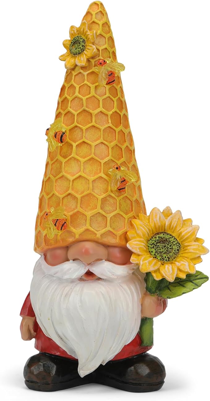 Solar Gnome Garden Decor Outdoor Statue - Gnome Sunflower LED Waterproof Sculptures Lights, Gnome Pond/Yard Statues Outside Decoration, Home, Lawn, Patio, Resin Animal Ornament, Women/Gardening Gift