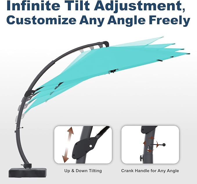 11FT Cantilever Umbrella with Base Large Curvy Outdoor Aluminum Offset Umbrella w/ 360° Rotation, UV Resistant Canopy for Patio, Garden, Backyard, Turquoise Blue