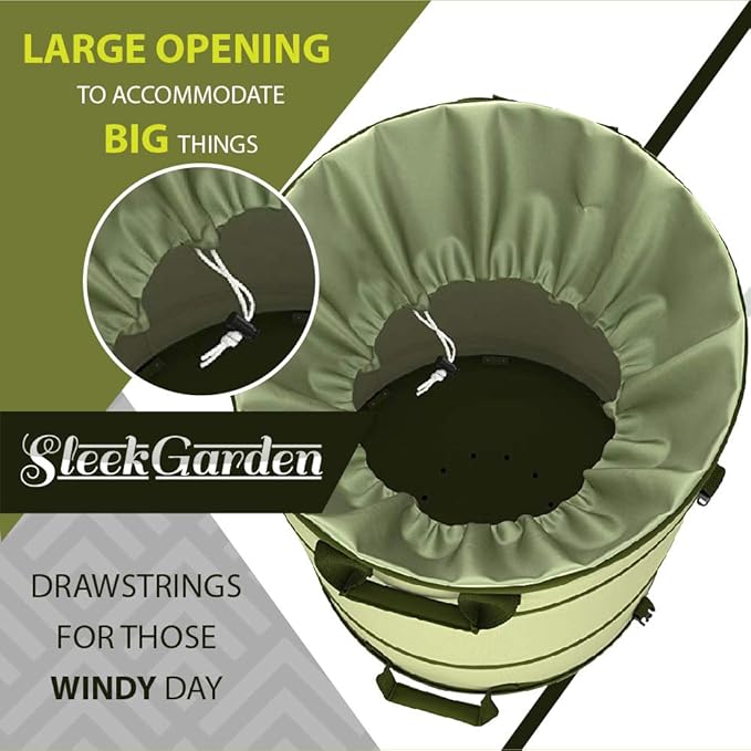 Collapsible -30 Gallon Canvas Garden Waste Bag -Pop-up Bucket Reusable Yard Leaf Bag Holder- Heavy Duty Hardshell Bottom – with Drain Holes for Lawn Pool Garden Camping Trash Debris Bag with Handles