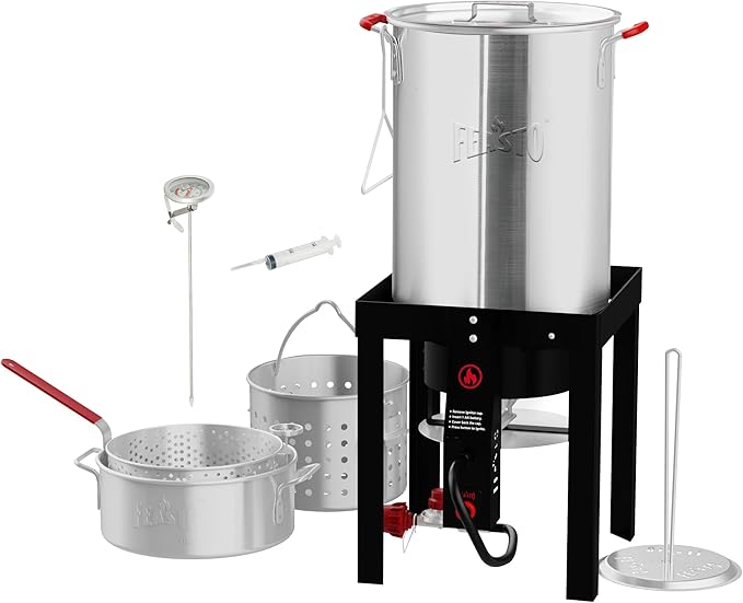 30 Qt Turkey Fryer with Basket & 10QT Fish Fryer Kit, 50,000 BTU Outdoor Propane Burner, CSA Certified, Auto Ignition, 10 PSI Regulator & Hose, for Thanksgiving Day Gathering