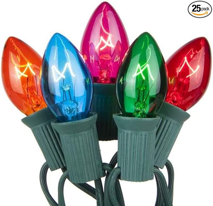 C7 Christmas Lights Outdoor, 25Ft Vintage Christmas String Lights with 27 Multicolor Clear Bulbs, Hanging Christmas Decorations Lights for Roofline House Garden Patio Backyard Party-Green