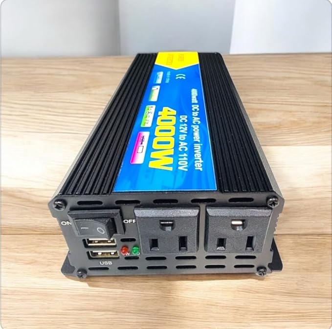 High-Power DC to AC Power Inverter – 12V to 110V/120V Converter with Dual USB Ports, Dual AC Outlets, Cigarette Lighter Adapter, Battery Cable for Cars, Trucks, RVs, Camping,Home Backup (Black, 4000W)