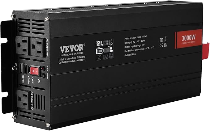 VEVOR Modified Sine Wave Inverter, 3000Watt Power Inverter DC 12V to AC 120V LCD Display with 3 AC Outlets 2 USB Port 1 Type-C Port 10 Spare Fuses, for Large Household Equipment, CE FCC Certified