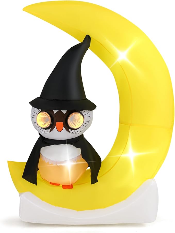 Goplus 5.1 Ft Halloween Inflatables, Pre-Lit Owl on The Moon with Witch Hat, Blow up Cute Halloween Decoration with Built-in LEDs, Holiday Outdoor Indoor Decoration for Party, Lawn, Yard