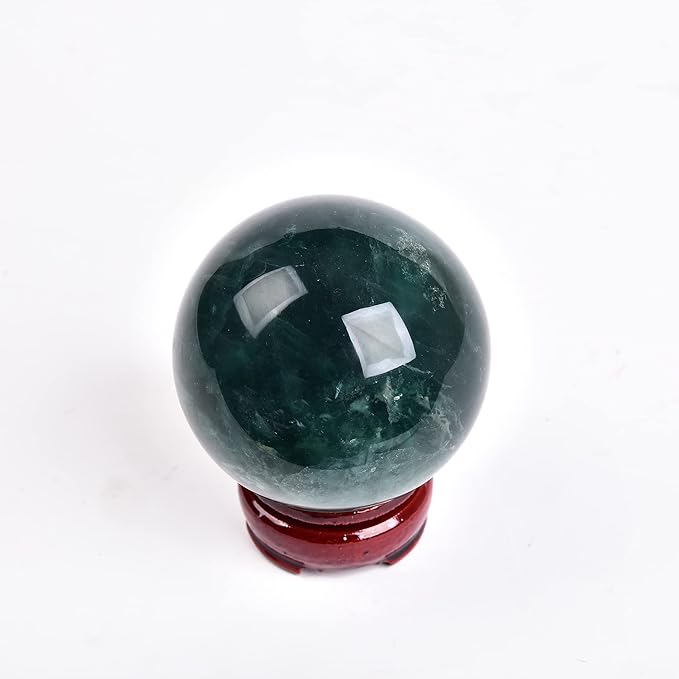 JIC Gem Small Natural Fluorite Crystal Ball Green Purple Quartz Healing Gemstone Sphere with Decorative Wooden Stand for Meditation,Home Decoration Christmas Day Gifts (60-70mm)