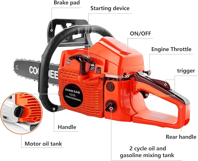 COOCHEER Gas Chainsaw Powered, Upgraded 62CC 3.5-HP 2-Cycle 20 Inch Chainsaw Gas with Carrying Bag & Tool Kit, Chainsaws Gas powered for Trees Wood Cutting and Tree Trimming(Limited Orange Version)