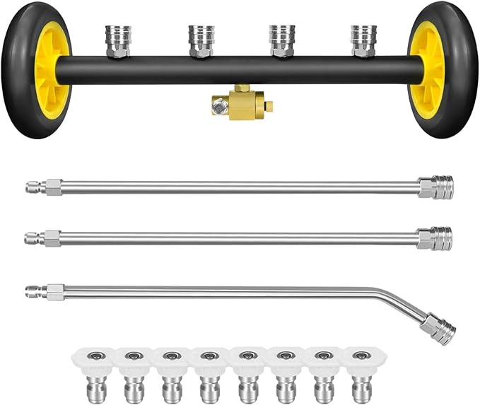 RAYNEL 16'' Pressure Washer Undercarriage Cleaner and Water Broom Attachment with 3 Pcs Extension Wands and 8 Nozzles - 4000PSI, 1/4'' Connector - for Electric and Gas Power Washers