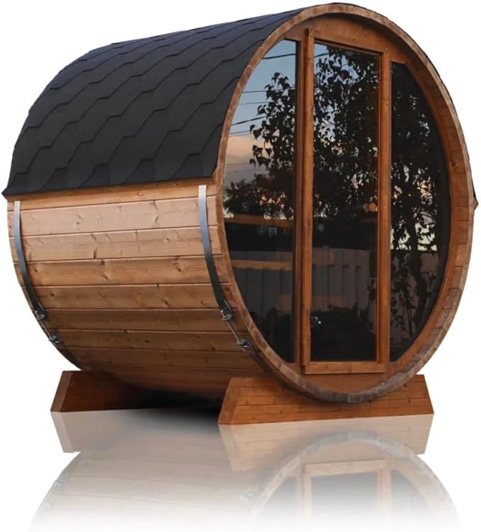 Outdoor Wooden Full Glass Door Barrel Sauna, 4 Person Sauna Room 220V， 6kw ETL Electric Heater， Accessories and Asphalt Shingle Roof (Cedar) (Cedar, 1)