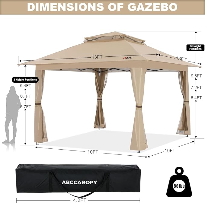 ABCCANOPY 13x13 Pop Up Gazebo, Outdoor Canopy Tent, Instant Screened Shelter with Mosquito Netting for Patio, Garden, Backyard, Party, Camping (Khaki)