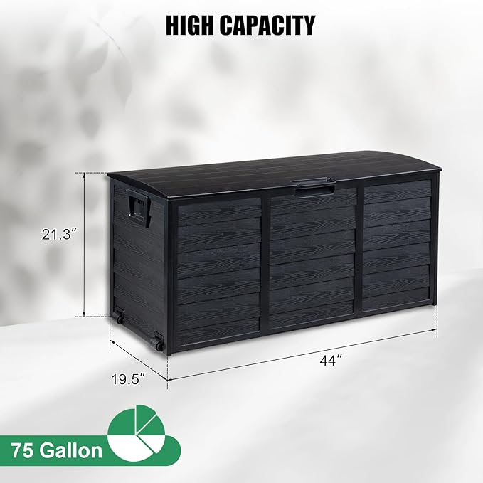 VINGLI 75 Gallon Resin Outdoor Deck Box, 75 Gallon Patio Storage Box with Side Handles, Lockable Storage Containers for Patio Furniture Cushions, Pool Accessories, Garden Tools, Full Black