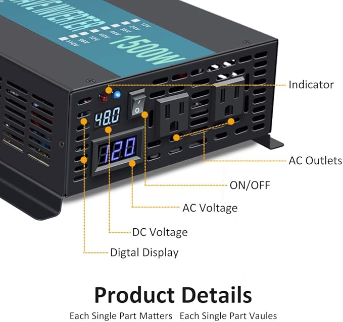 WZRELB 1500W 48V 120V Pure Sine Wave Power Inverter with 2 AC Outlets,Car Inverter